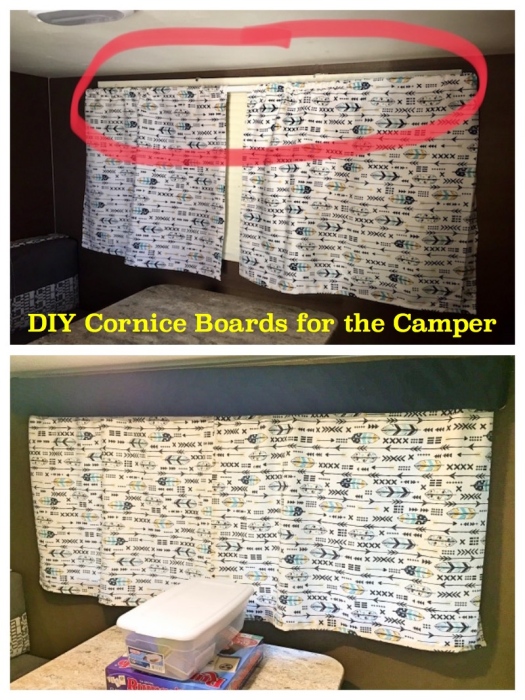 Camper Cornice Board Before and After - The Family Glampers